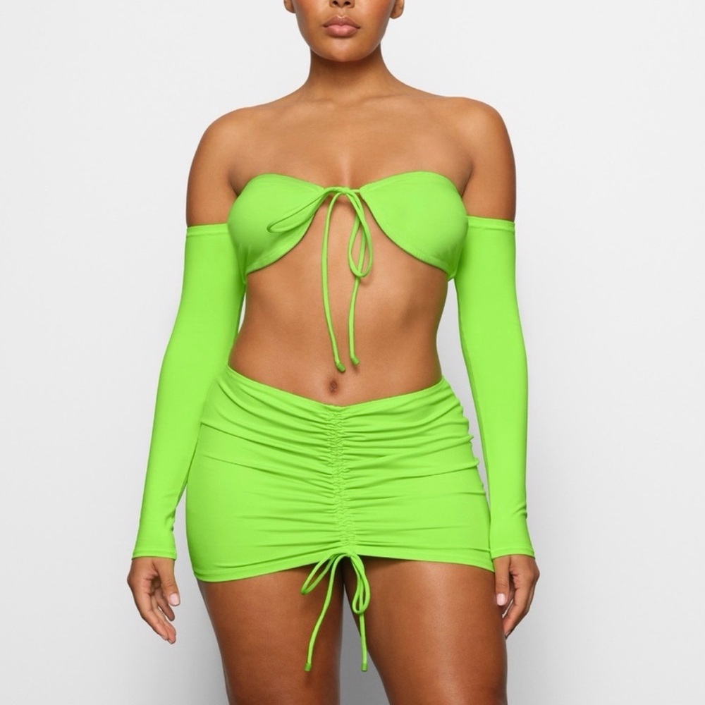 SKIMS Neon Green Off-Shoulder Swim Coverup Set